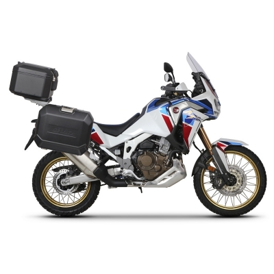 Kompletná sada čiernych hliníkových kufrov SHAD TERRA BLACK , 48 litrov vrchný kufor, 36/47 litrov bočné kufre, vrátane montážnej sady a platni SHAD HONDA CRF 1100 Africa Twin